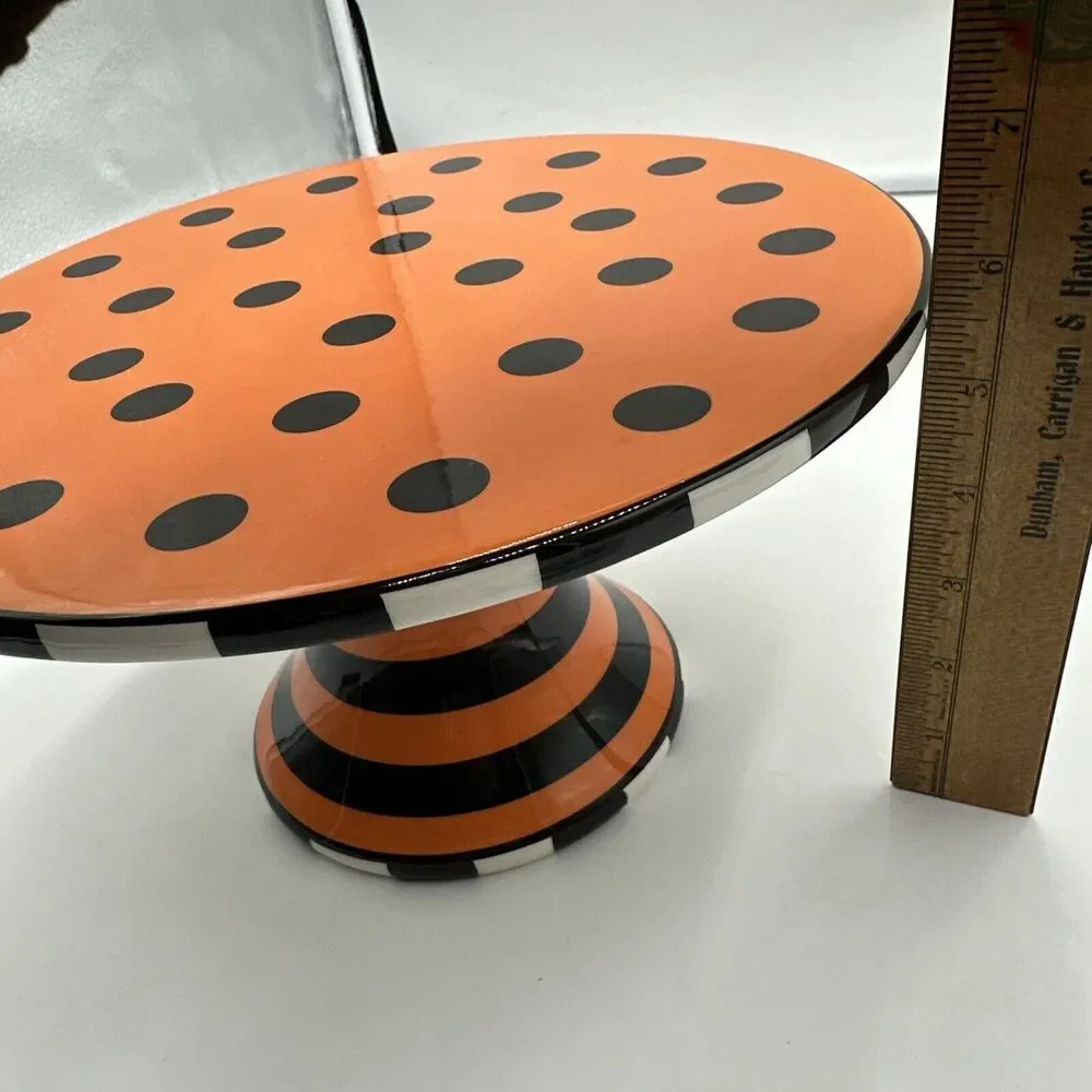 Vtg SUR LA TABLE Orange HALLOWEEN Polka Dot Striped CAKE PEDESTAL STAND PLATE 10